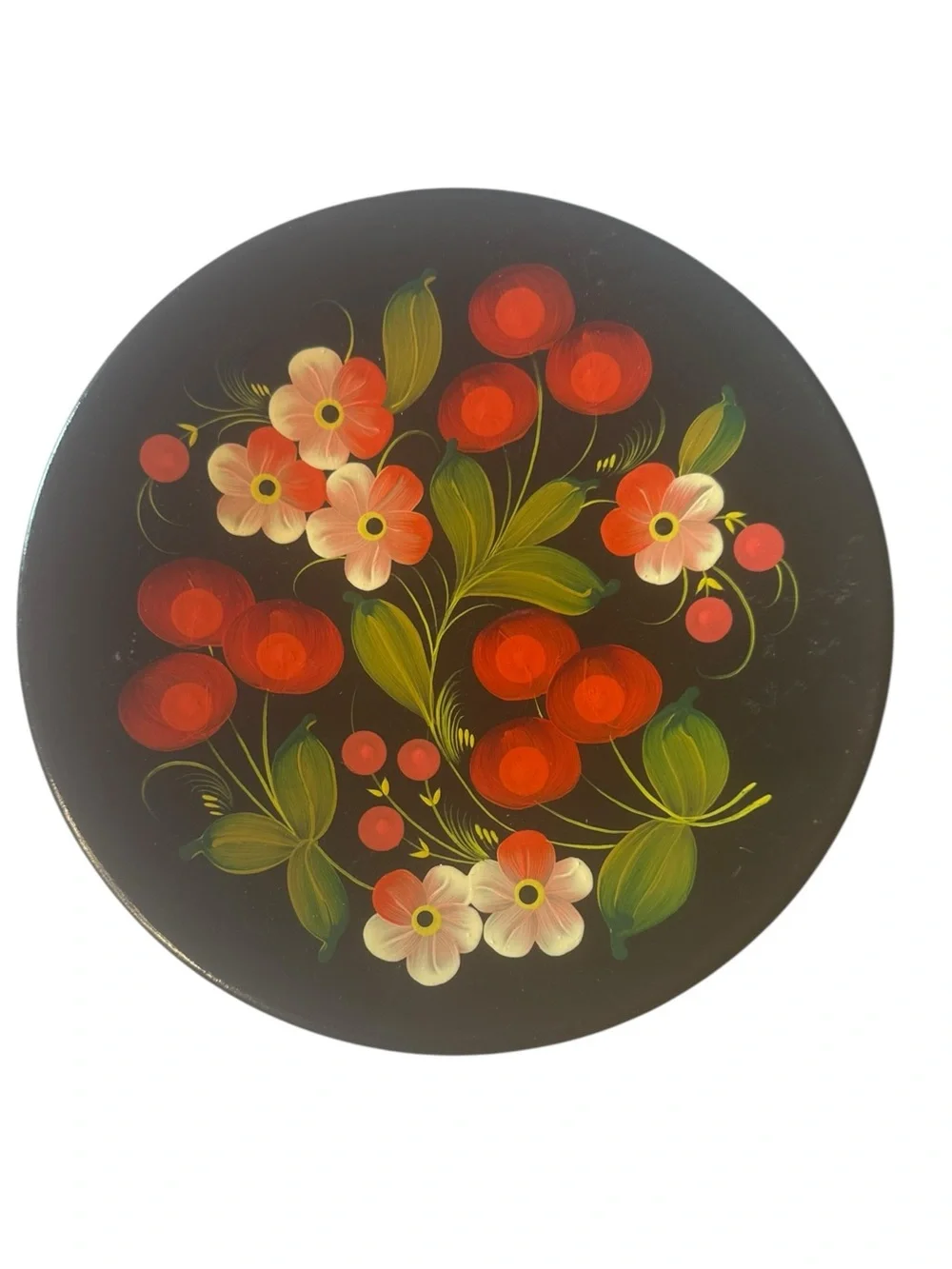 Hand Painted Wooden Floral Wall Plate Folk Art Black Red Flowers 10.5” Decor